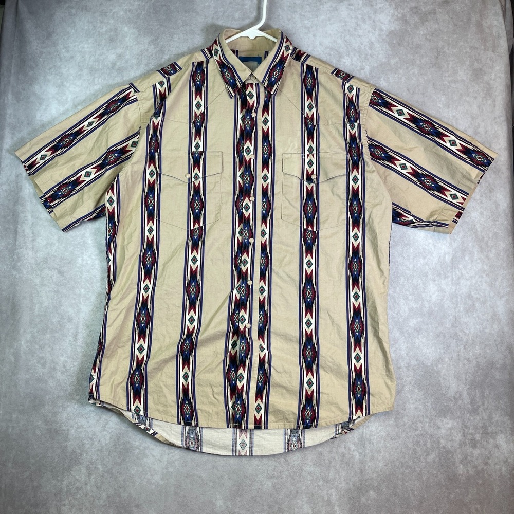 VTG Wrangler Western Shirt Mens Large Tan Striped Pearl Snap Short Sleeve Aztec